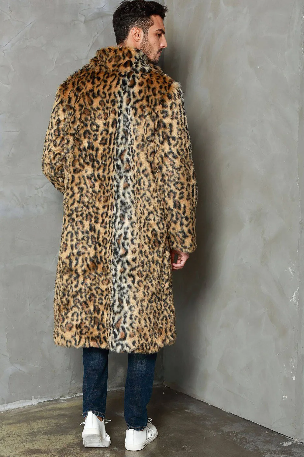 Khaki Leopard Printed Lapel Neck Long Faux Fur Men Coat
