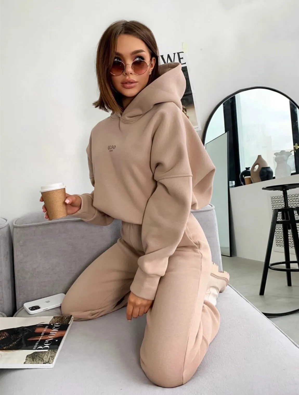 Knitted Fleece Two-Piece Lounge Set - Women’s Cozy Casual Suit