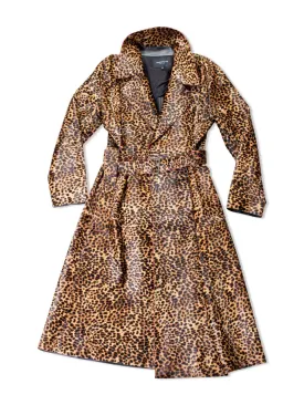 Lafayette 148 Real Fur Leopard Printed Long Trench Coat Brown