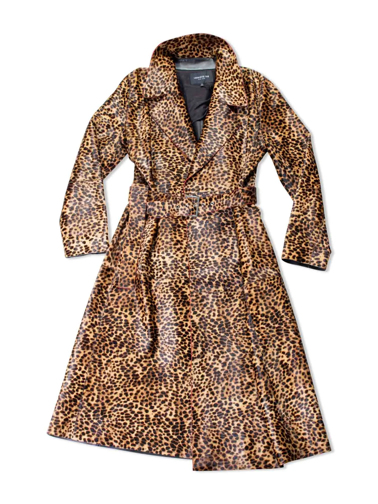 Lafayette 148 Real Fur Leopard Printed Long Trench Coat Brown
