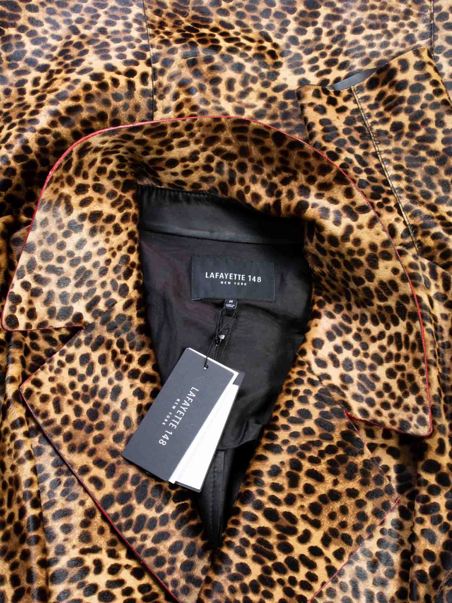 Lafayette 148 Real Fur Leopard Printed Long Trench Coat Brown