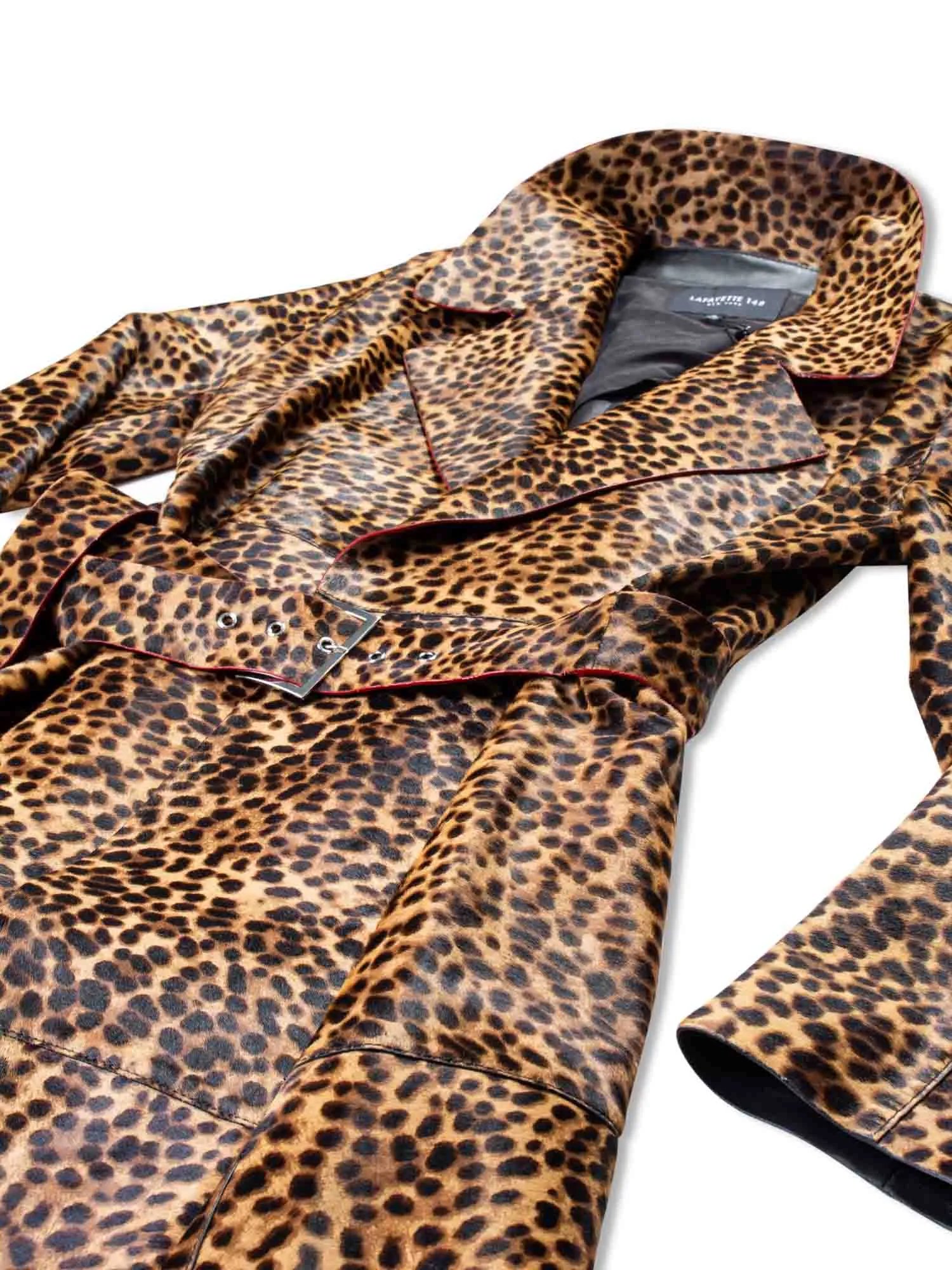Lafayette 148 Real Fur Leopard Printed Long Trench Coat Brown