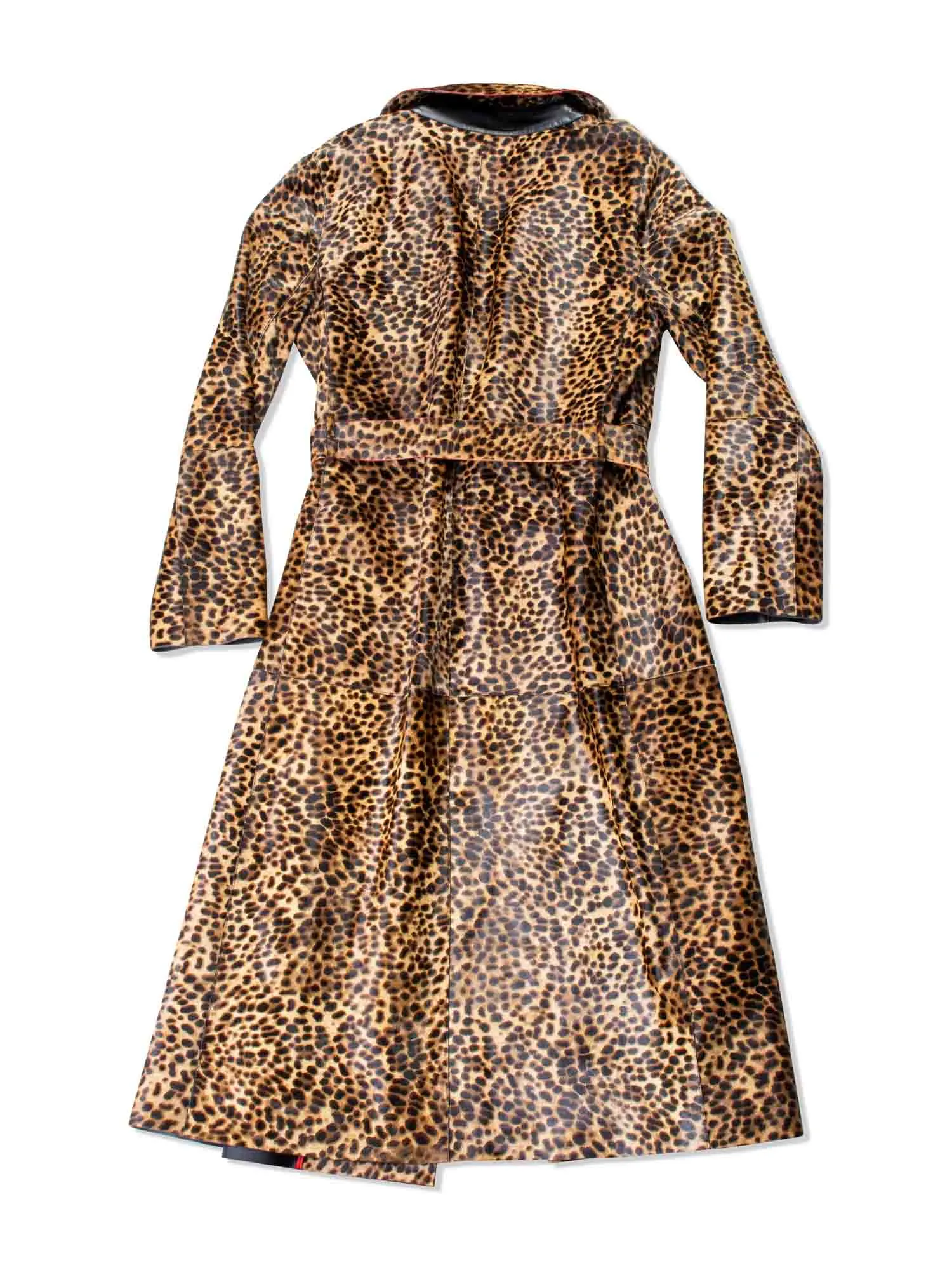 Lafayette 148 Real Fur Leopard Printed Long Trench Coat Brown