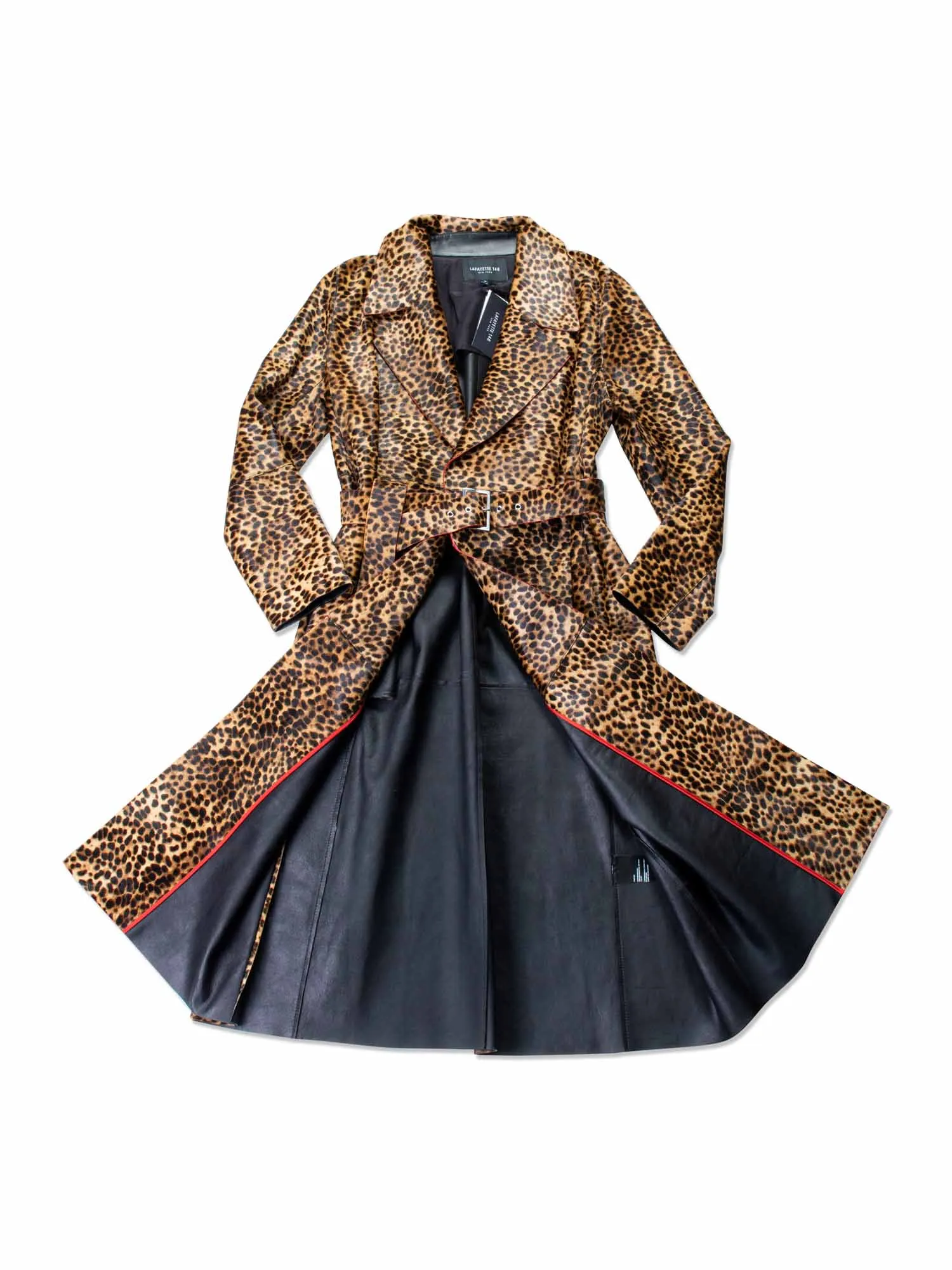 Lafayette 148 Real Fur Leopard Printed Long Trench Coat Brown