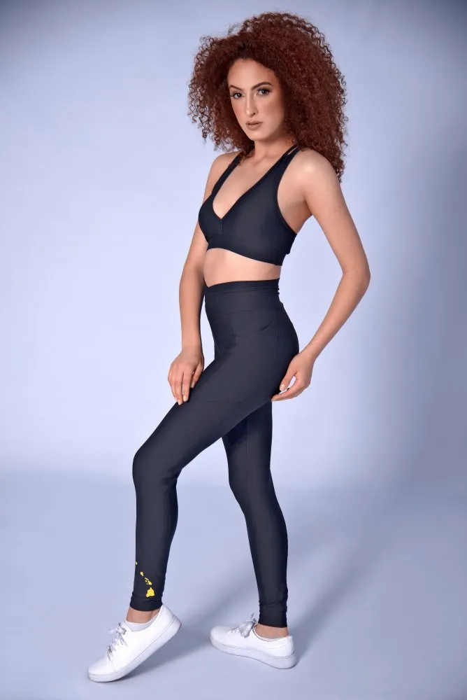 LEVITATE Leggings with Pockets  - SOLID BLACK (with Hawaiian Islands)