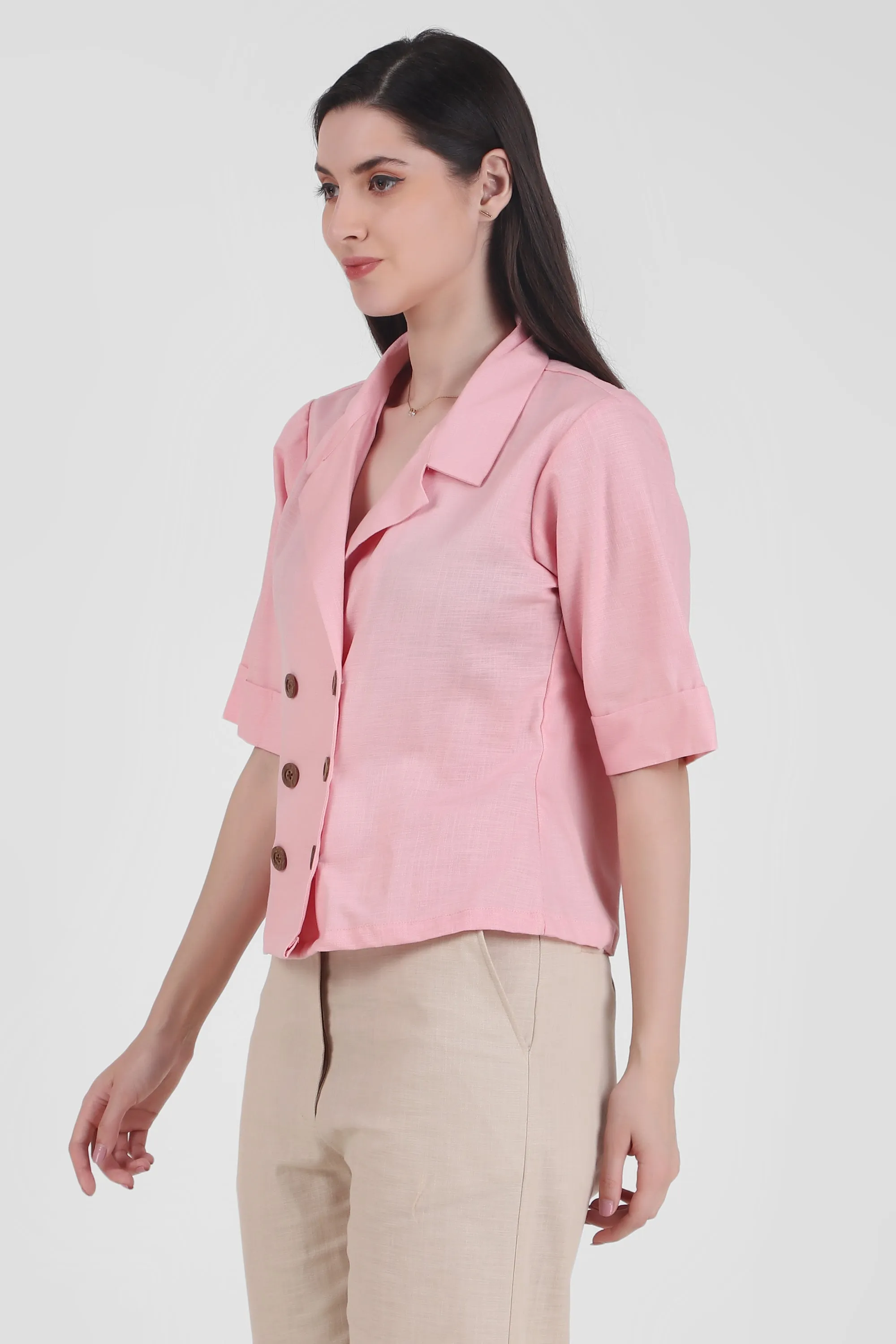 Linen Open Collar Double Breasted Shirt, Pastel Pink