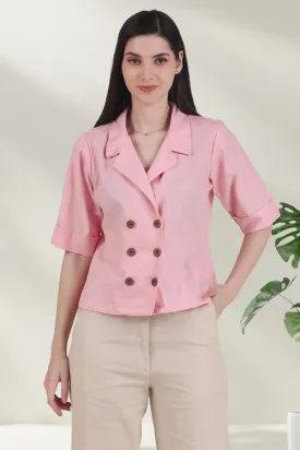 Linen Open Collar Double Breasted Shirt, Pastel Pink