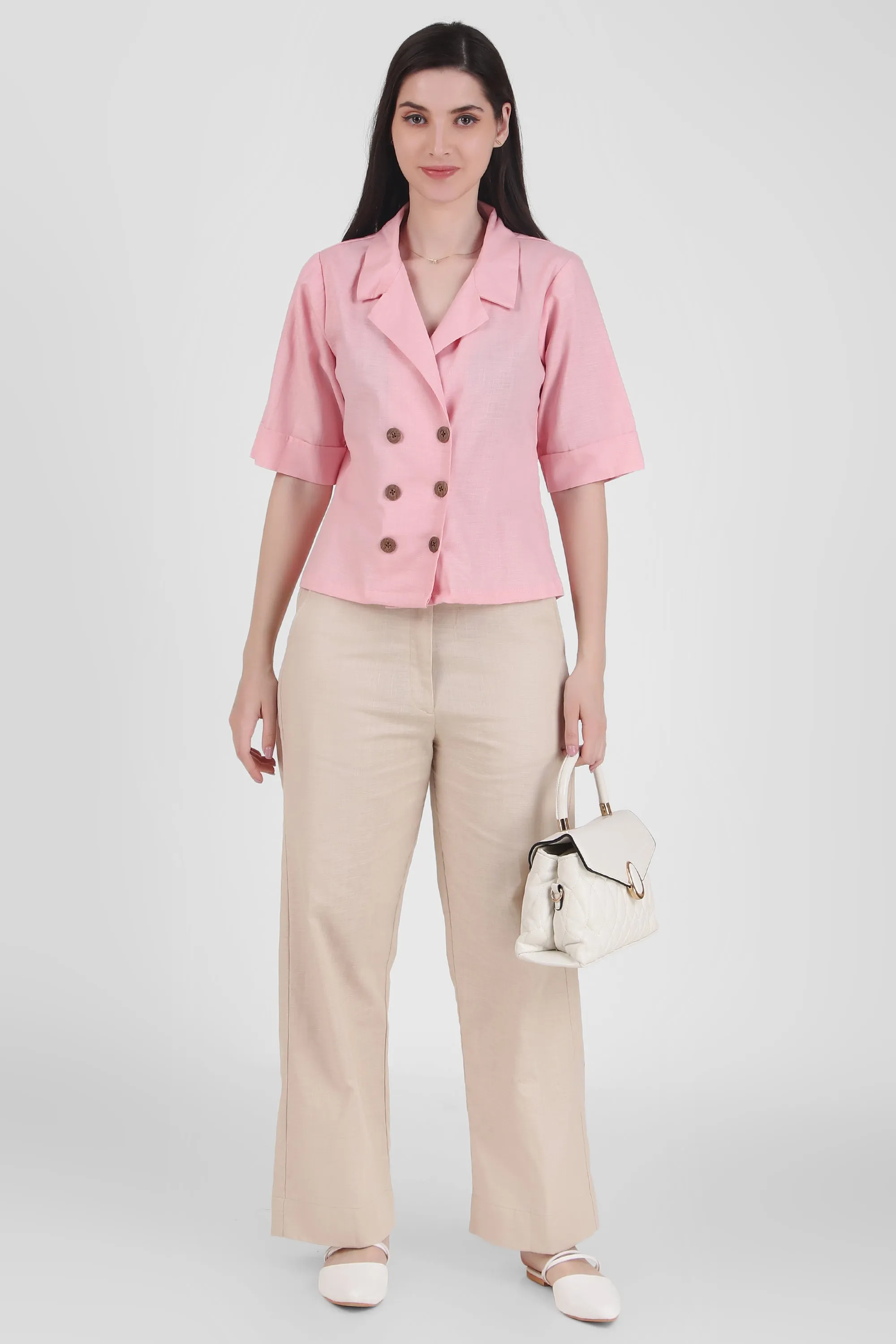 Linen Open Collar Double Breasted Shirt, Pastel Pink