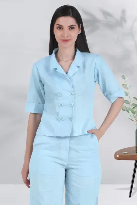 Linen Open Collar Double Breasted Shirt, Sky Blue