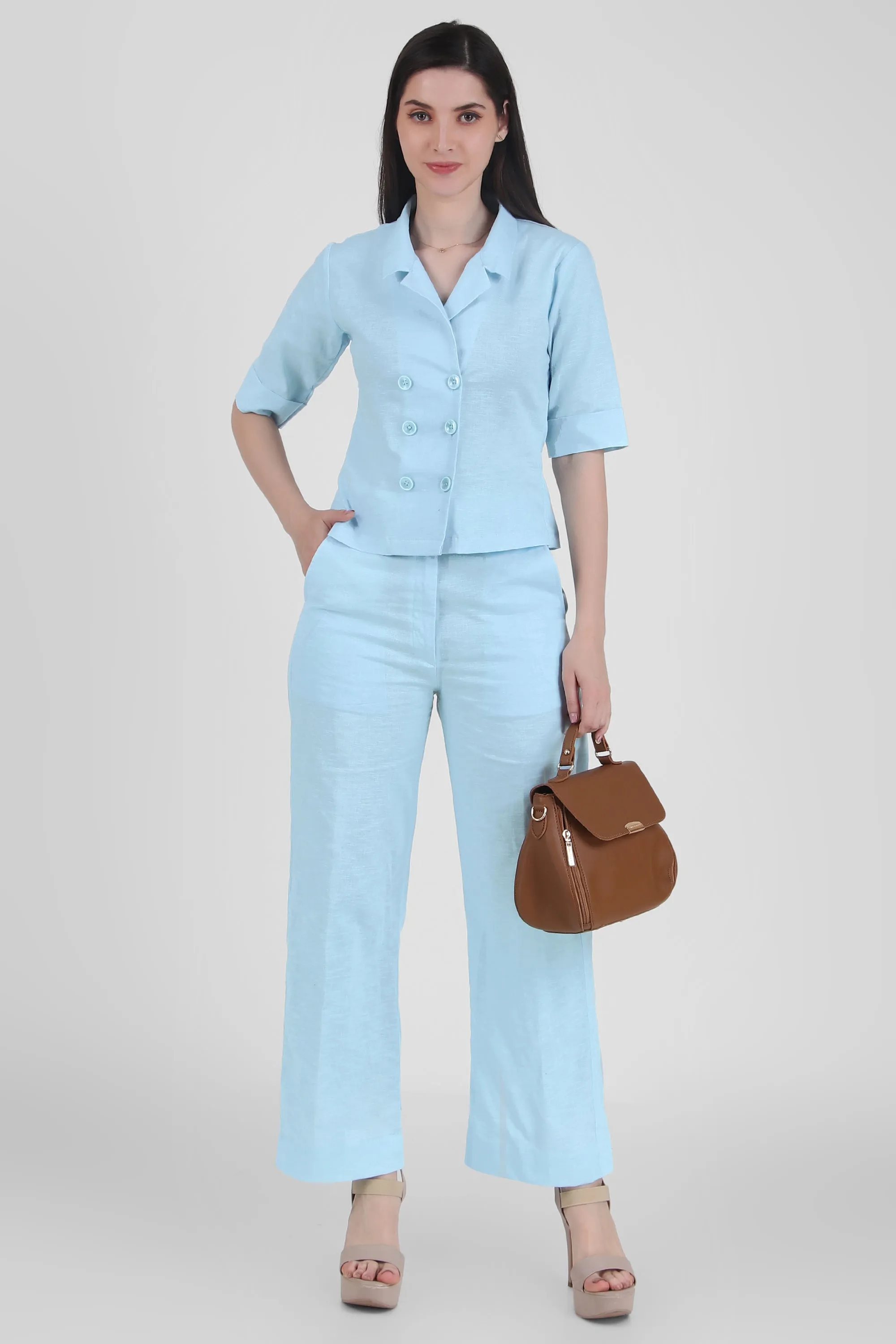Linen Open Collar Double Breasted Shirt, Sky Blue