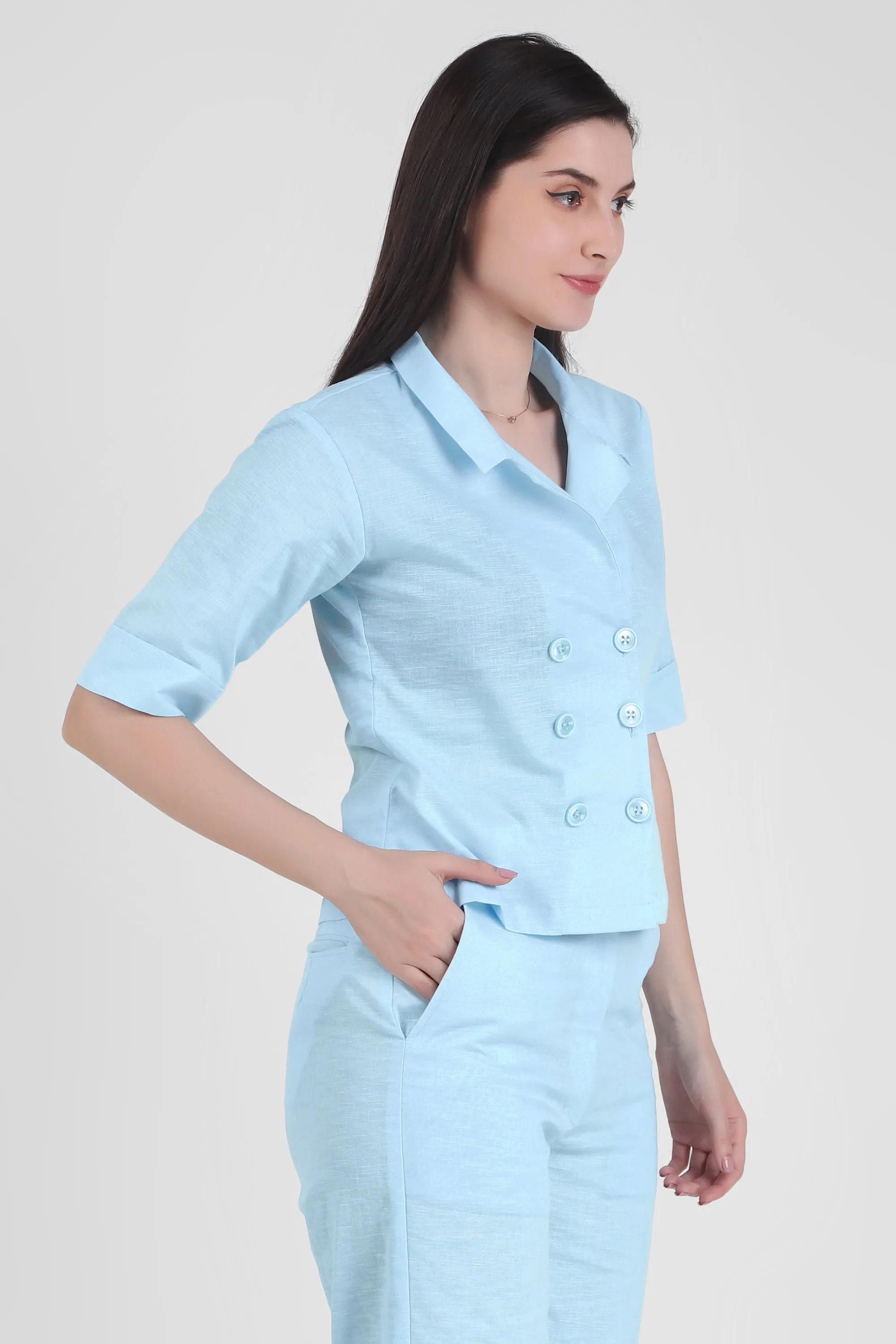 Linen Open Collar Double Breasted Shirt, Sky Blue