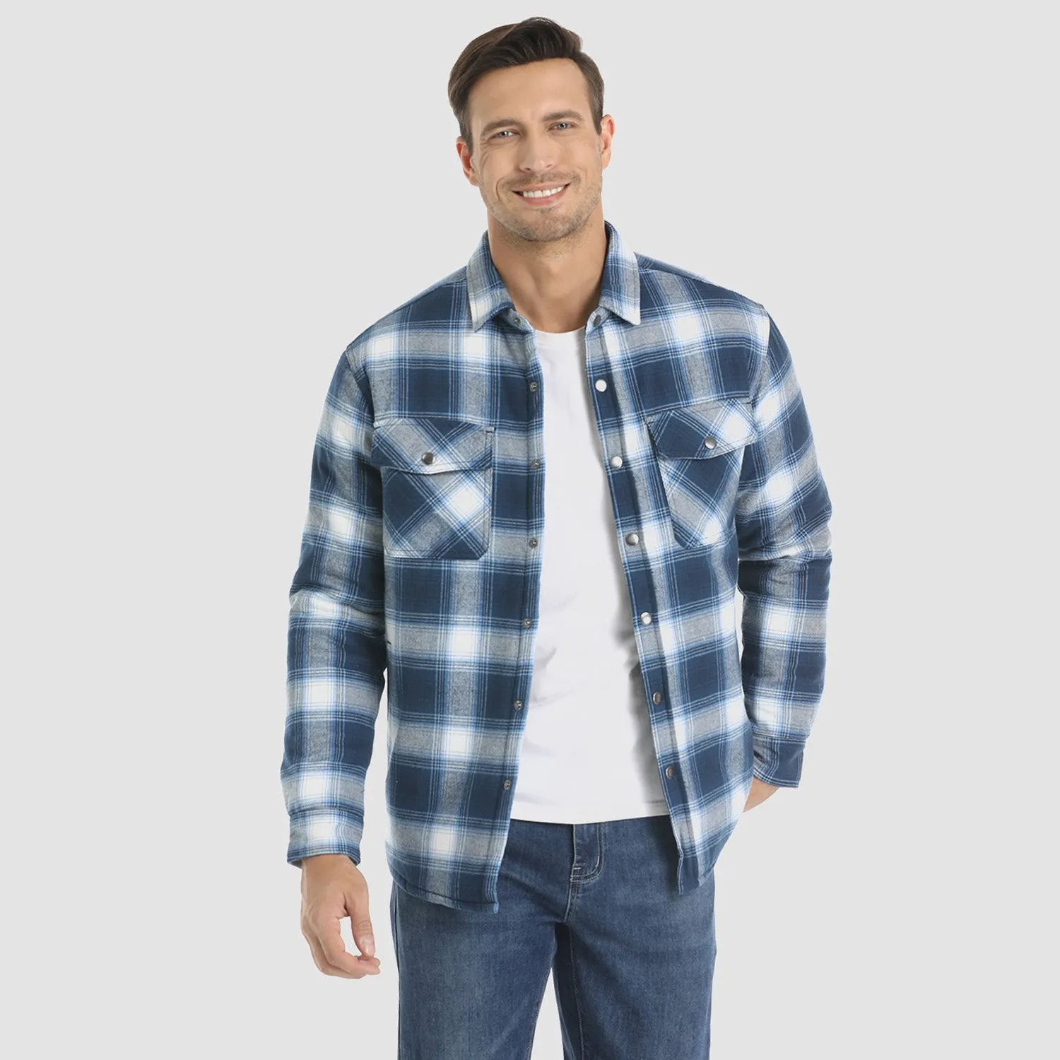 Men's Flannel Shirt Jacket Long Sleeve Quilted Lined Plaid Coat Button Down Thick Outwear for Winter