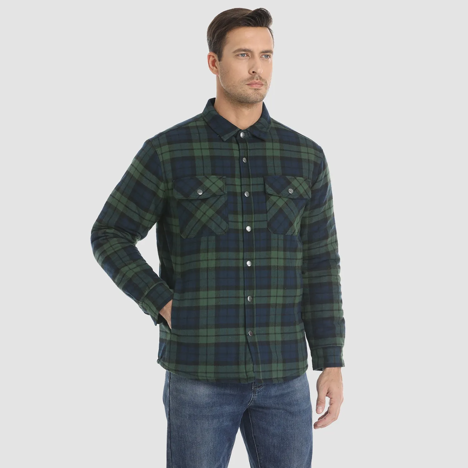 Men's Flannel Shirt Jacket Long Sleeve Quilted Lined Plaid Coat Button Down Thick Outwear for Winter
