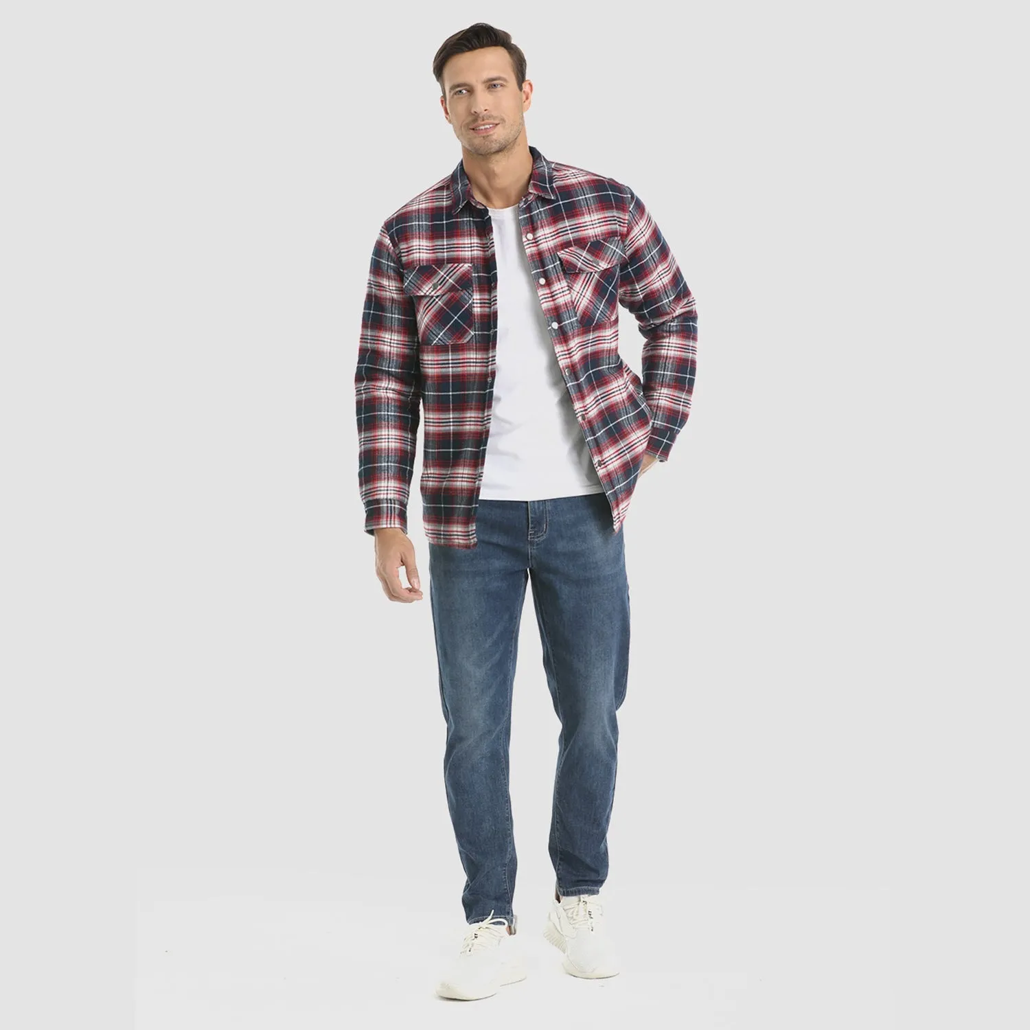Men's Flannel Shirt Jacket Long Sleeve Quilted Lined Plaid Coat Button Down Thick Outwear for Winter