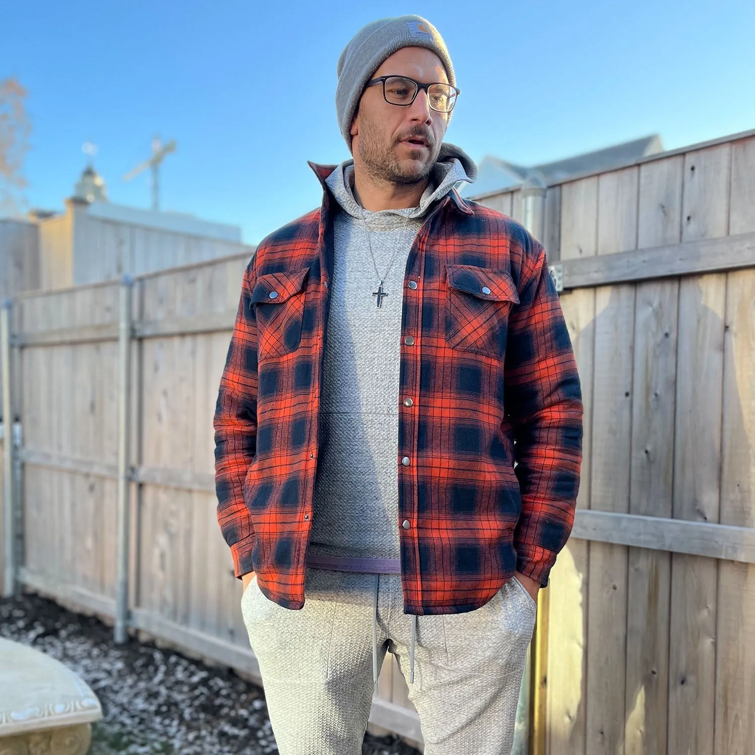 Men's Flannel Shirt Jacket Long Sleeve Quilted Lined Plaid Coat Button Down Thick Outwear for Winter