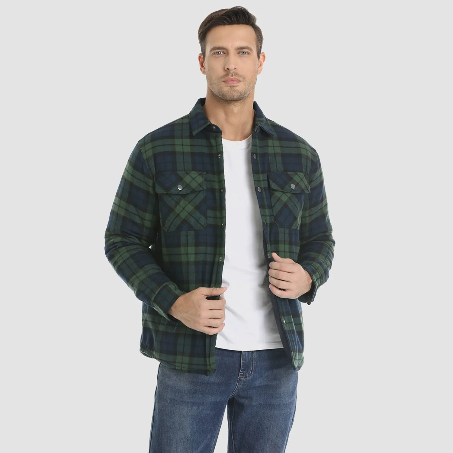 Men's Flannel Shirt Jacket Long Sleeve Quilted Lined Plaid Coat Button Down Thick Outwear for Winter