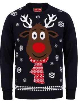 Men's Rudolph Scarf Motif Novelty Christmas Jumper in Ink - Merry Christmas