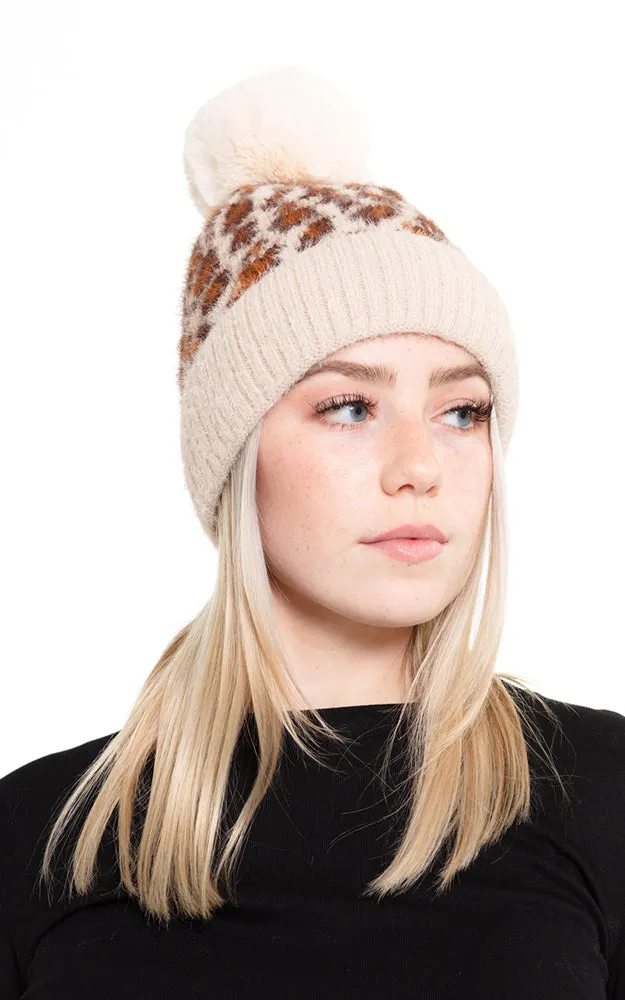 MH0030 Leopard Pompom Fuzzy Fleece Beanie Hat