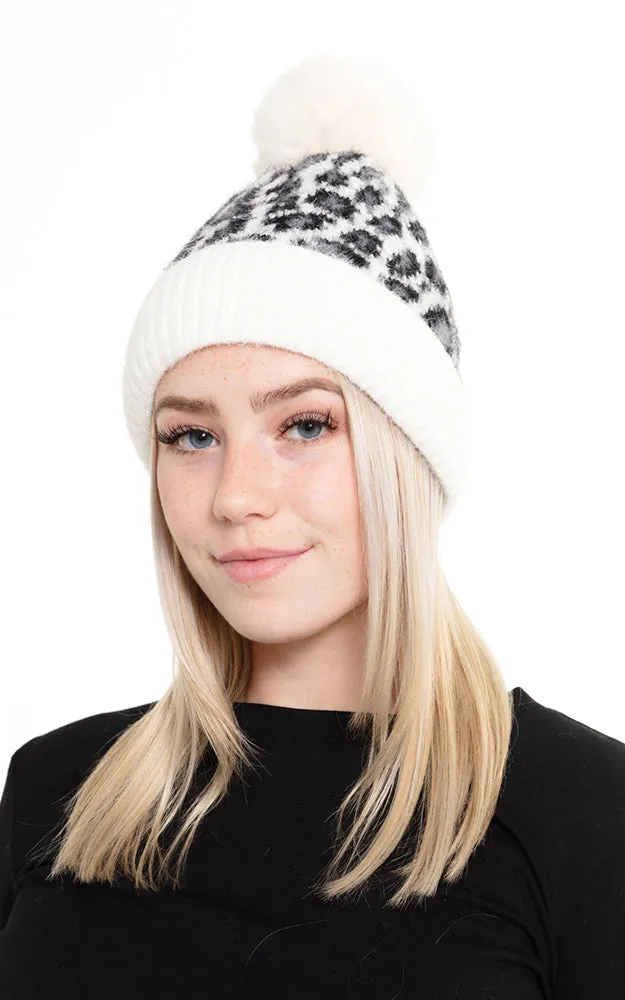 MH0030 Leopard Pompom Fuzzy Fleece Beanie Hat