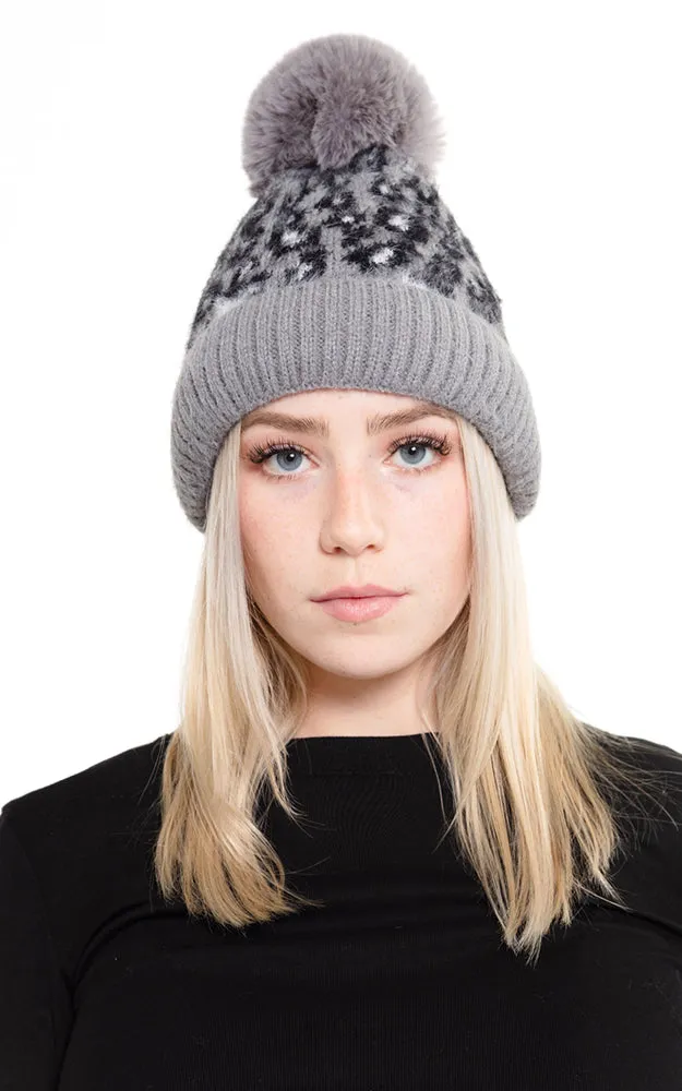 MH0030 Leopard Pompom Fuzzy Fleece Beanie Hat