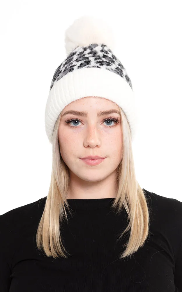 MH0030 Leopard Pompom Fuzzy Fleece Beanie Hat