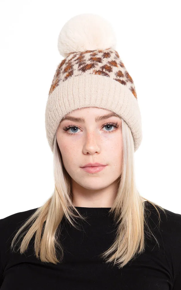 MH0030 Leopard Pompom Fuzzy Fleece Beanie Hat