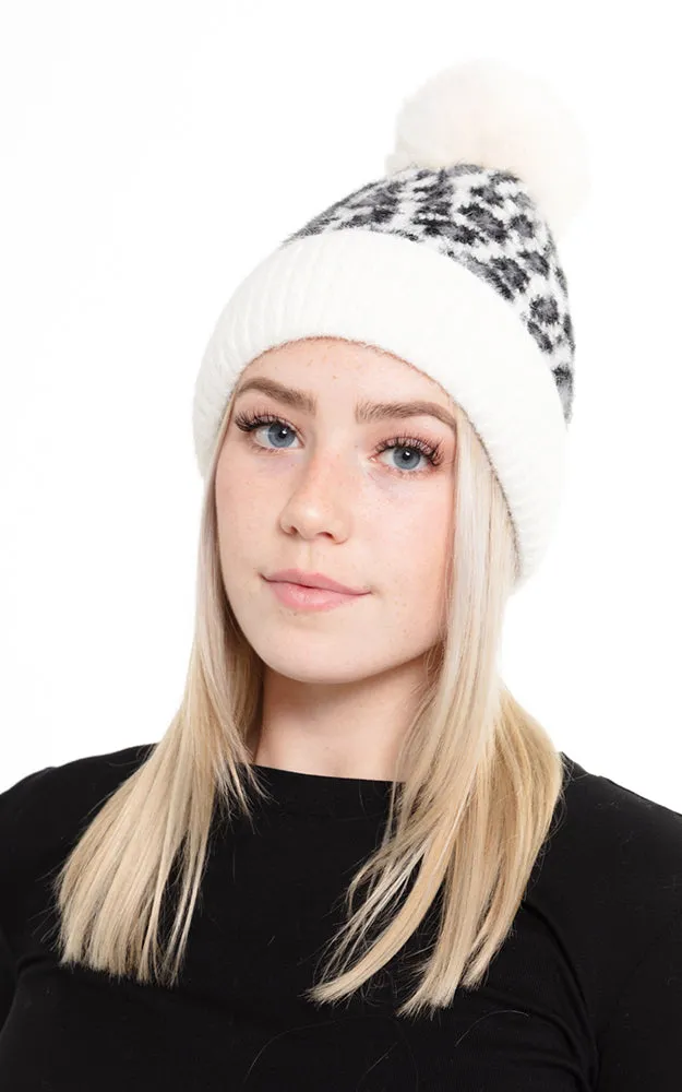 MH0030 Leopard Pompom Fuzzy Fleece Beanie Hat