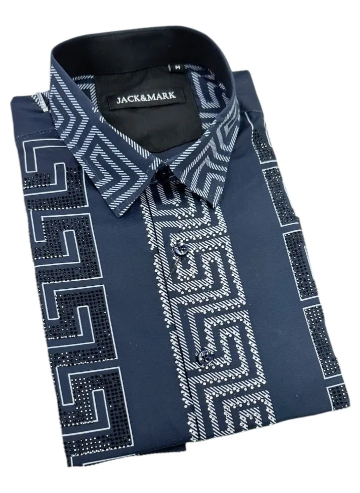Navy Blue Men's Long Sleeve Shirt Stretch Material Greek Key Print with Dimond Stone