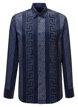 Navy Blue Men's Long Sleeve Shirt Stretch Material Greek Key Print with Dimond Stone