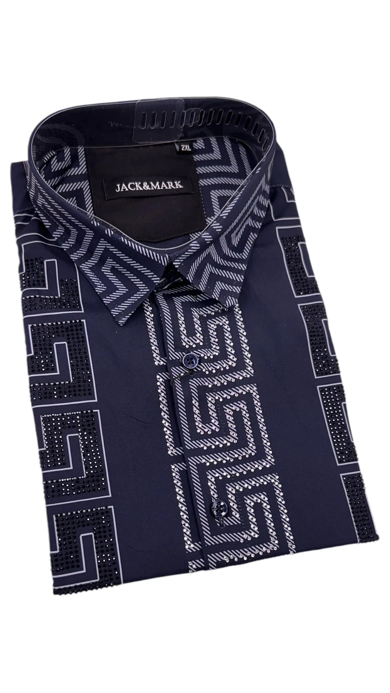 Navy Blue Men's Long Sleeve Shirt Stretch Material Greek Key Print with Dimond Stone