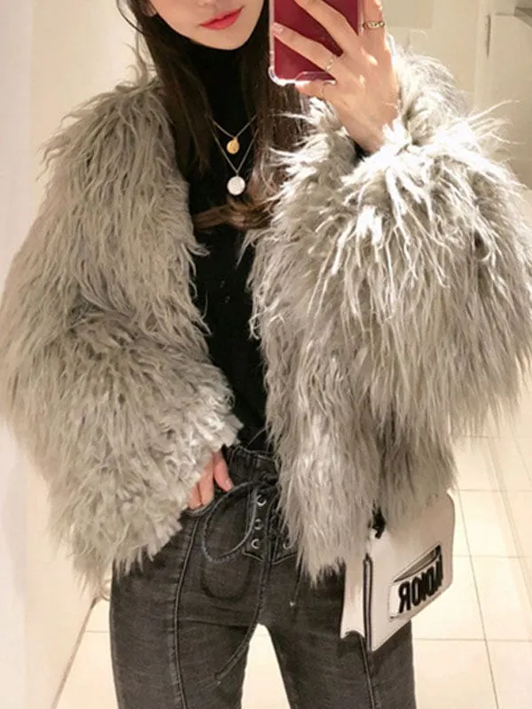 New Faux Fur Coats For Women Long Sleeves Casual V Neck White Women Coat