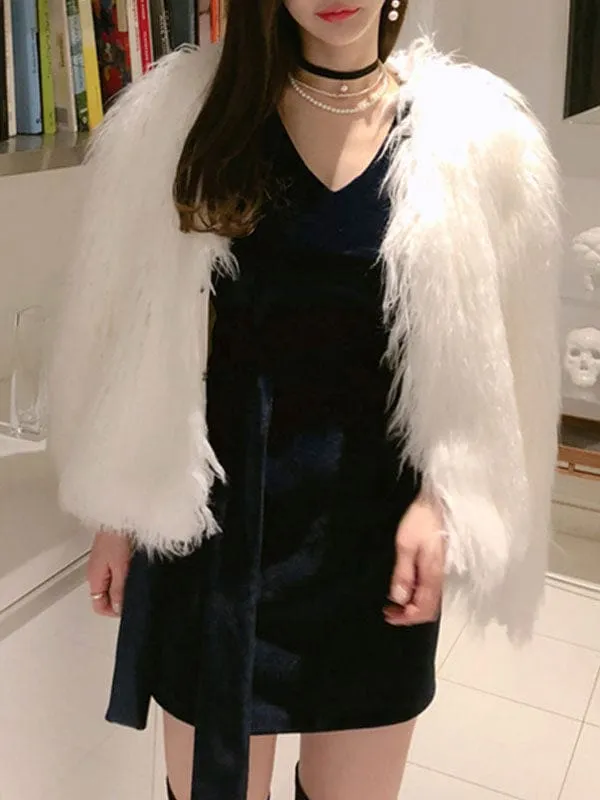 New Faux Fur Coats For Women Long Sleeves Casual V Neck White Women Coat