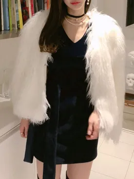 New Faux Fur Coats For Women Long Sleeves Casual V Neck White Women Coat