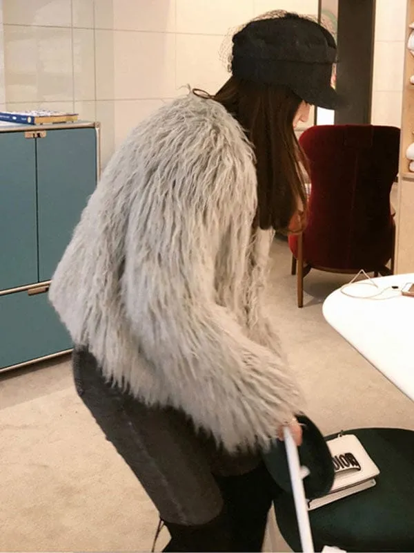 New Faux Fur Coats For Women Long Sleeves Casual V Neck White Women Coat