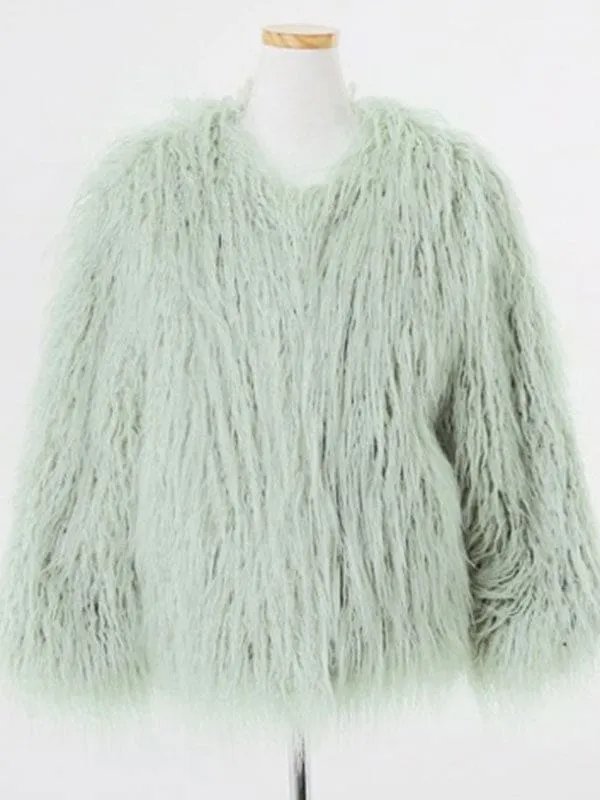 New Faux Fur Coats For Women Long Sleeves Casual V Neck White Women Coat