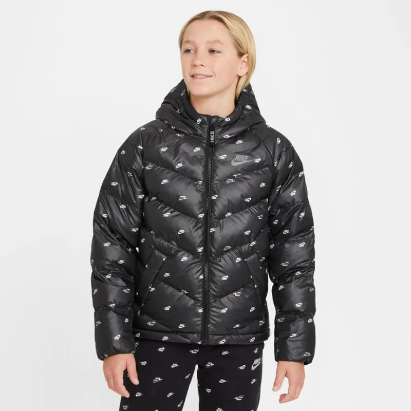 Nike Jr. Black Down-Filled Winter Jacket with Hood and Pockets