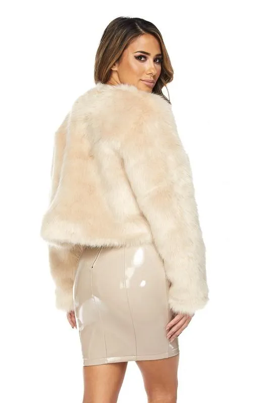 Open Front Faux Fur Jacket - Cream