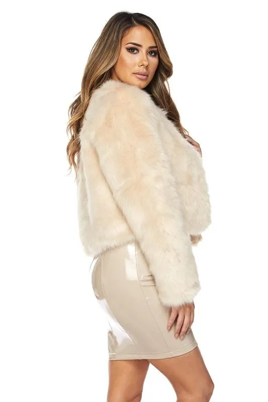 Open Front Faux Fur Jacket - Cream
