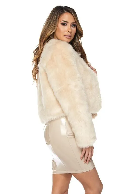 Open Front Faux Fur Jacket - Cream
