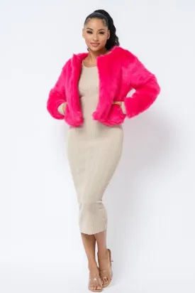 Open Front Faux Fur Jacket - Pink