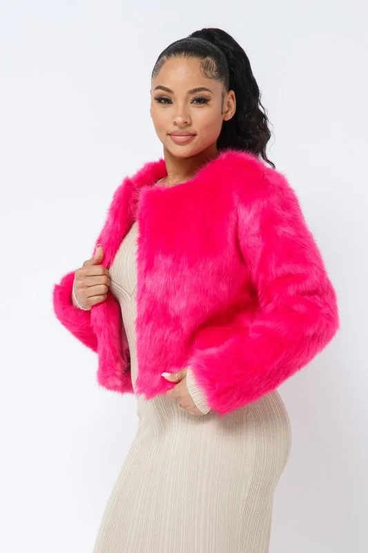 Open Front Faux Fur Jacket - Pink