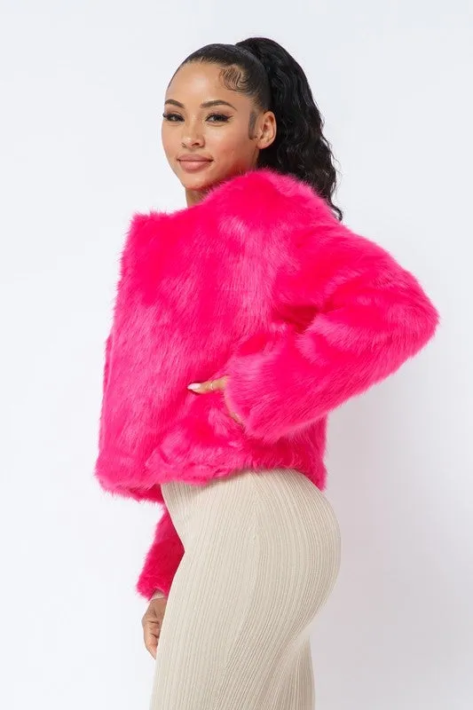 Open Front Faux Fur Jacket - Pink