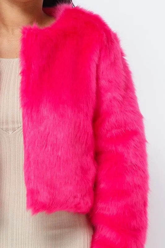 Open Front Faux Fur Jacket - Pink