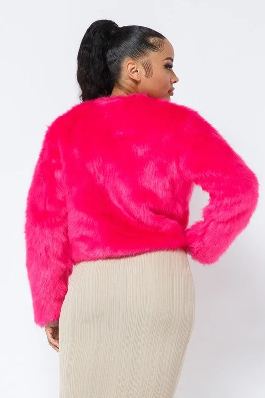 Open Front Faux Fur Jacket - Pink