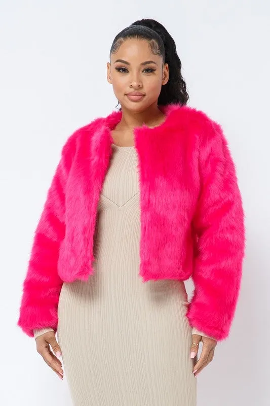 Open Front Faux Fur Jacket - Pink