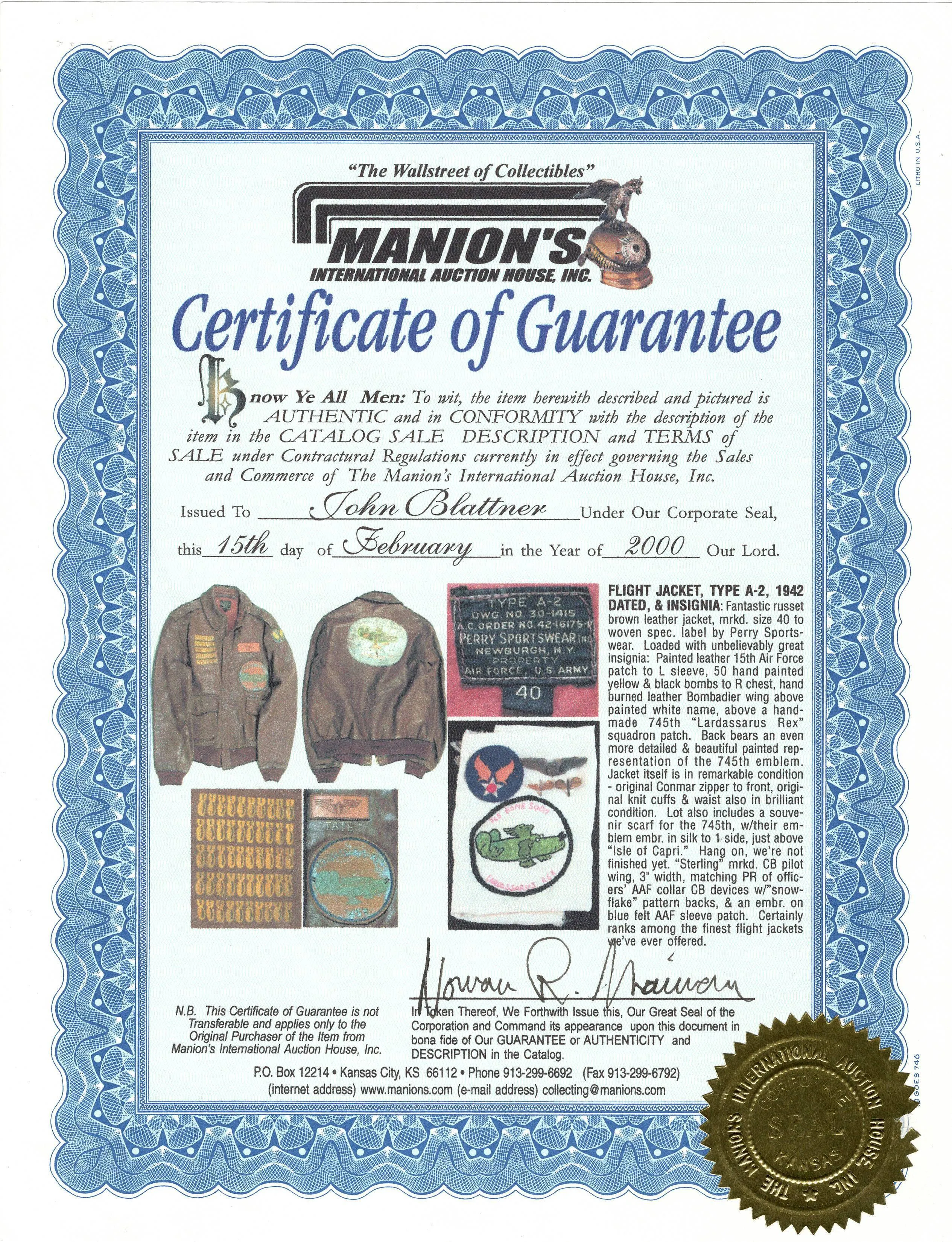 Original U.S. WWII B-24 Liberator 745th Bomb Squadron Lardassaurus Named Bombardier A-2 Flight Jacket