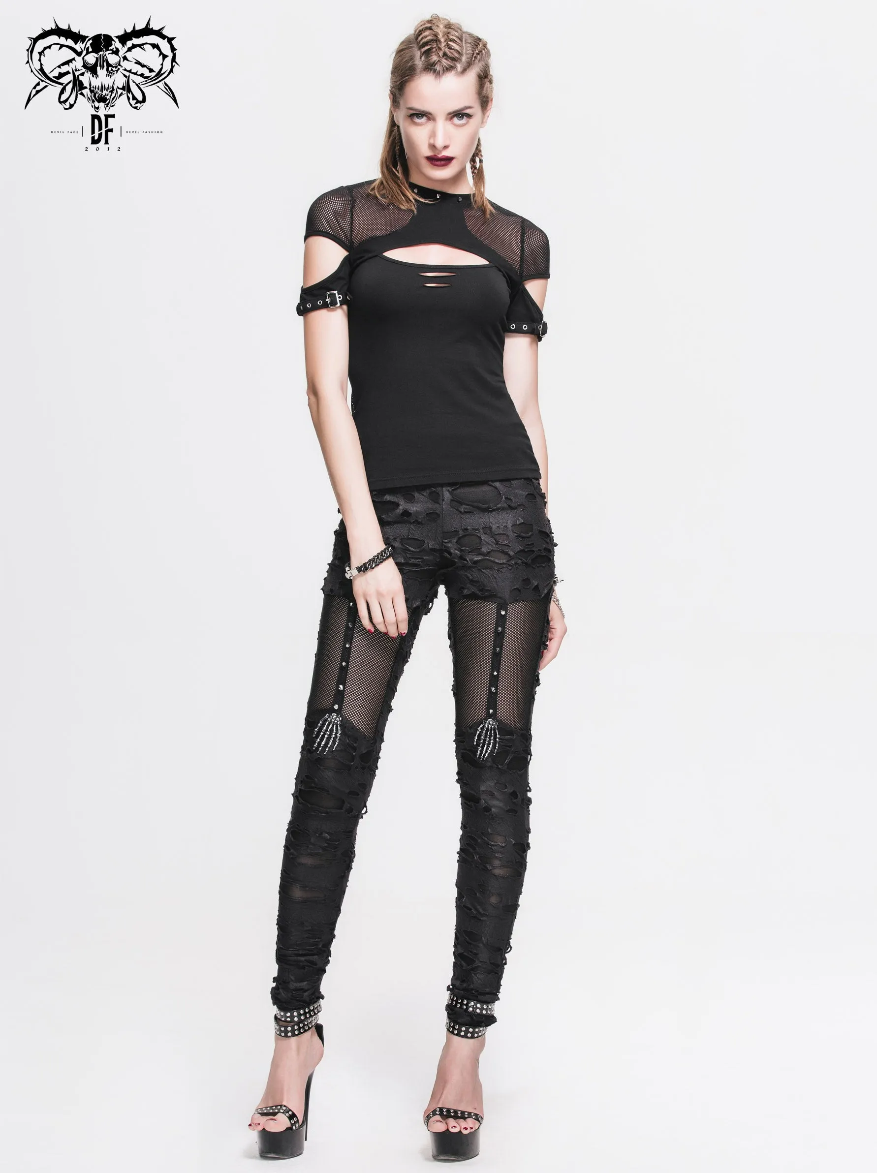 PT024 Gothic sexy women skeleton palm ripped knitted leggings