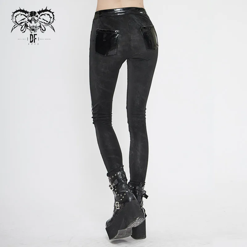PT125 Women punk dark fringe patent leather spliced leggings