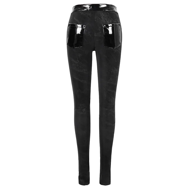PT125 Women punk dark fringe patent leather spliced leggings