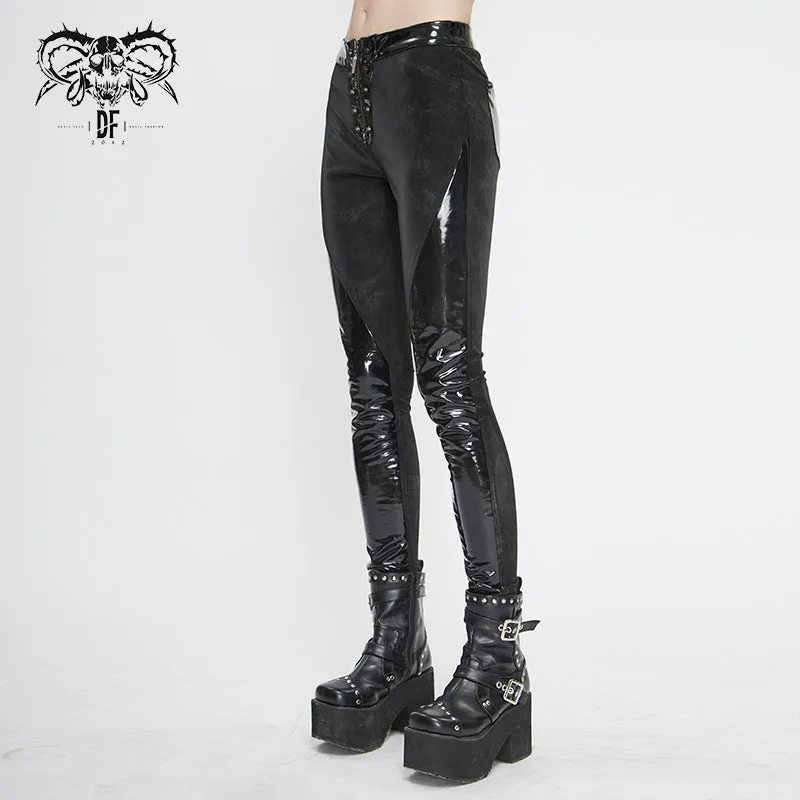 PT125 Women punk dark fringe patent leather spliced leggings